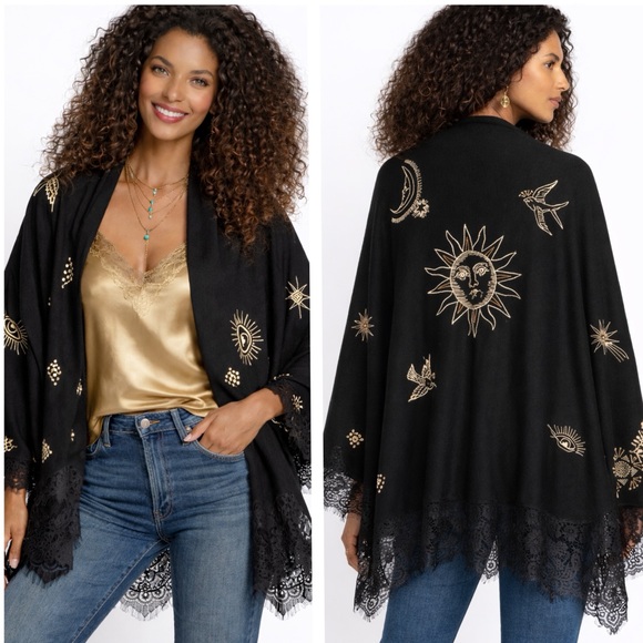 Johnny Was heavily embroidered Celestial lace shawl Torine NWT